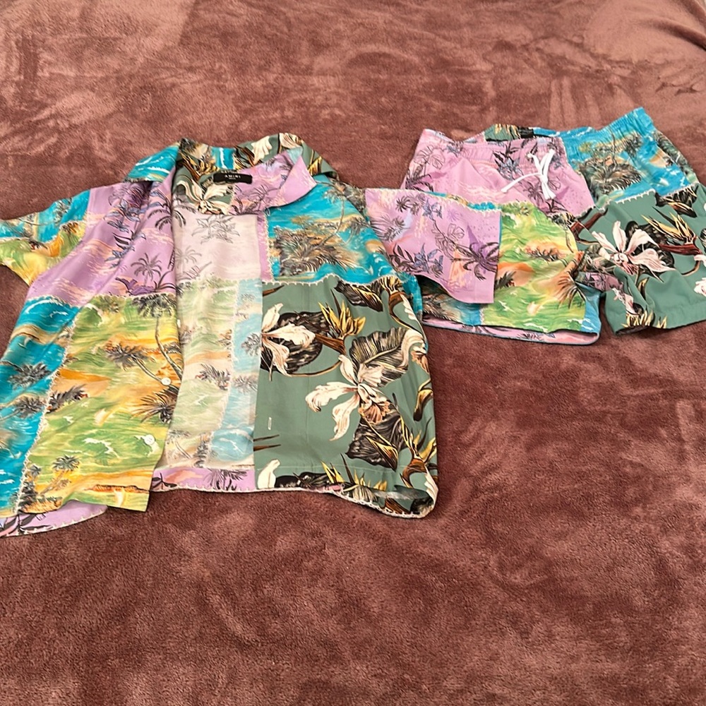 Worn once Amiri Men’s medium shirt and large shorts swim wear.